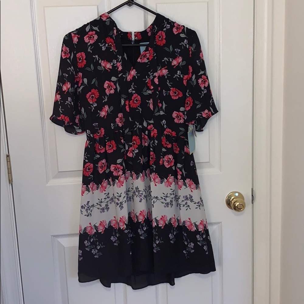 CeCe Black and White Dress with red floral detail